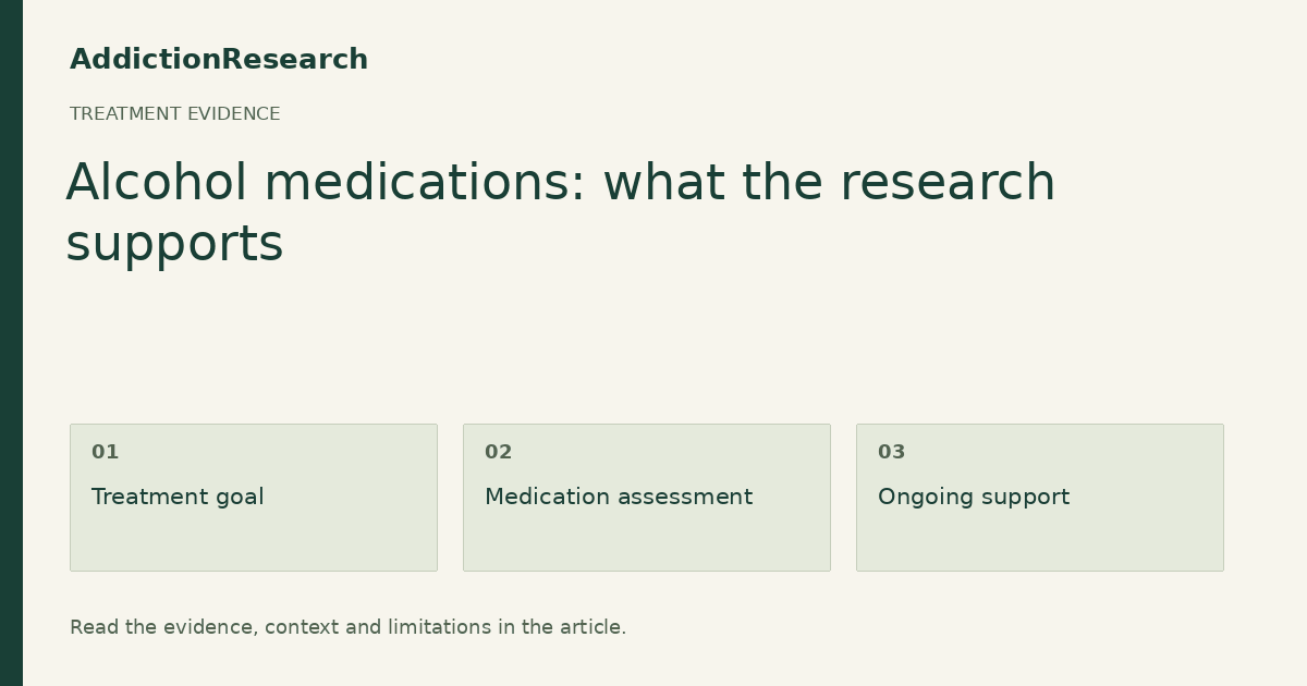 Alcohol medications: what the research supports: Treatment goal; Medication assessment; Ongoing support.